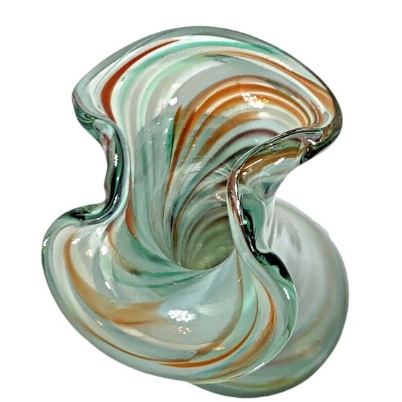 Vintage Art Glass Ruffled Vase Swirl Cased Ox Blood Blue Green Handblown 6.25" - Picture 3 of 10